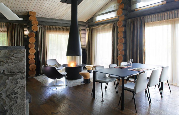 diseño interior de una casa de troncos en un estilo moderno