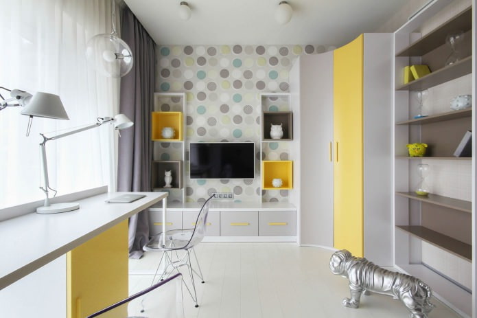 ljusa barnkammare med gula möbler