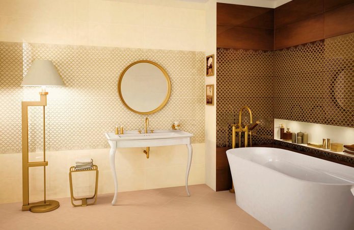 dalaman bilik mandi dengan warna emas