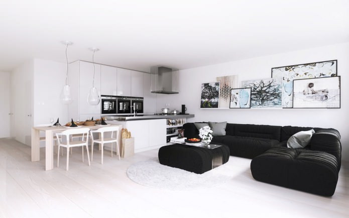 Virtuve-dzīvojamā istaba baltā krāsā
