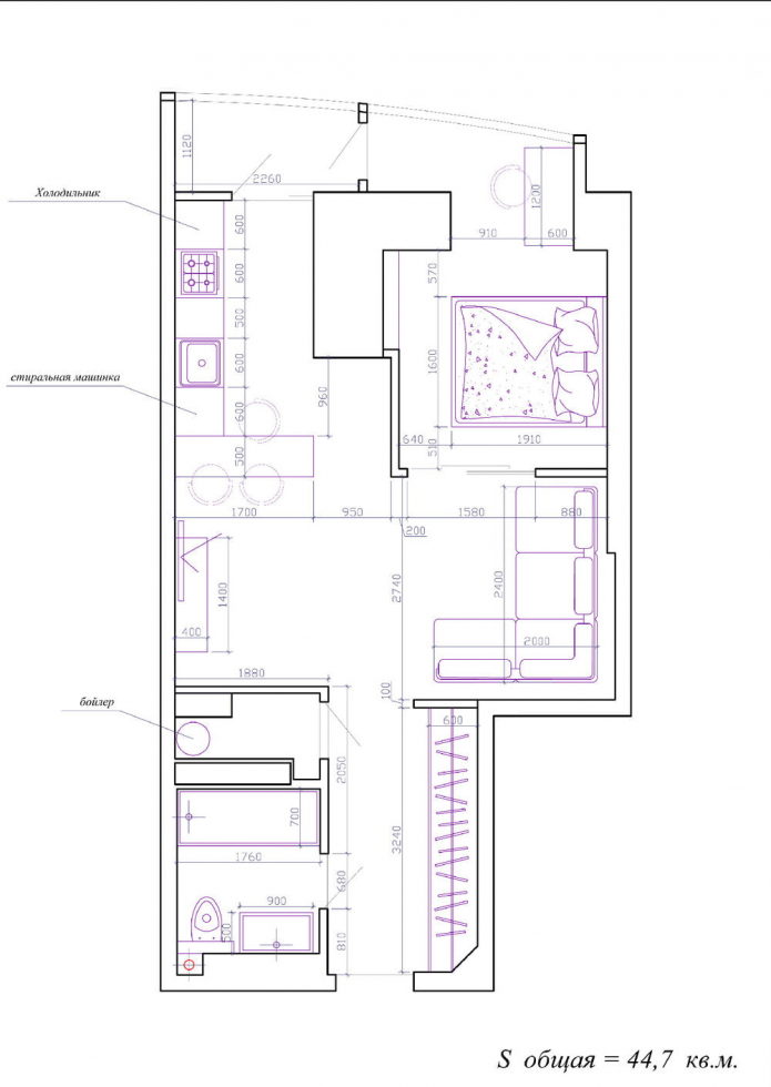 utforming av en ett-roms leilighet på 45 kvadratmeter. m.