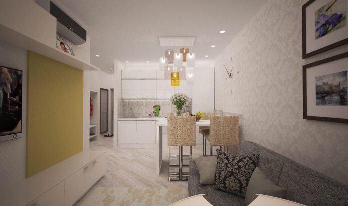 cozinha, sala de estar na concepção de um apartamento de dois quartos de 44 metros quadrados. m