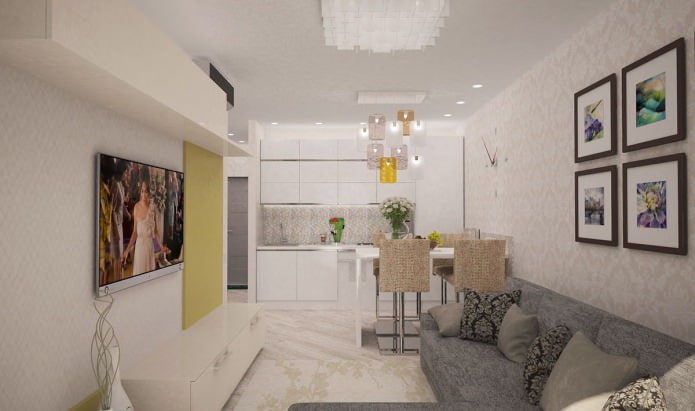 kök-vardagsrum i design av en två-rums lägenhet på 44 kvadratmeter. m.