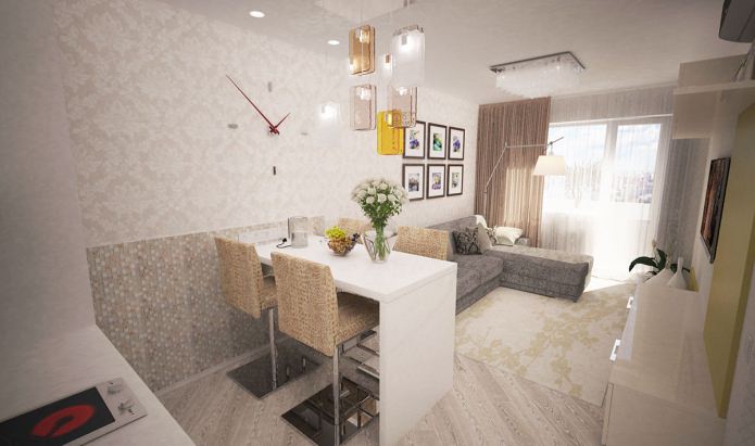 kjøkken-stue i utforming av en to-roms leilighet på 44 kvadratmeter. m.