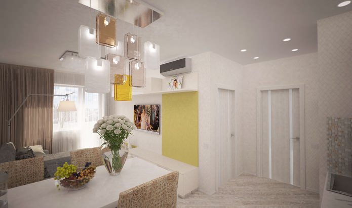 kuchnia z salonem w projekcie dwupokojowego mieszkania o powierzchni 44 metrów kwadratowych. m