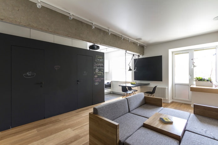stue i design af en tre-værelses lejlighed på 80 kvadratmeter. m.