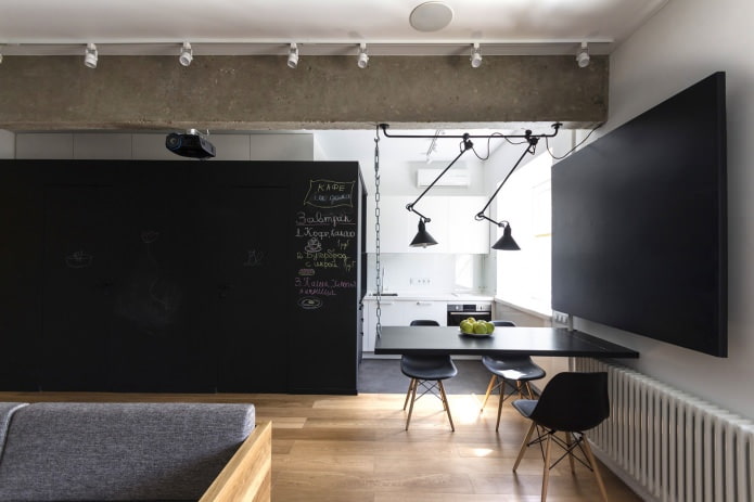 virtuvė-svetainė, projektuojant trijų kambarių 80 kvadratinių metrų butą. m