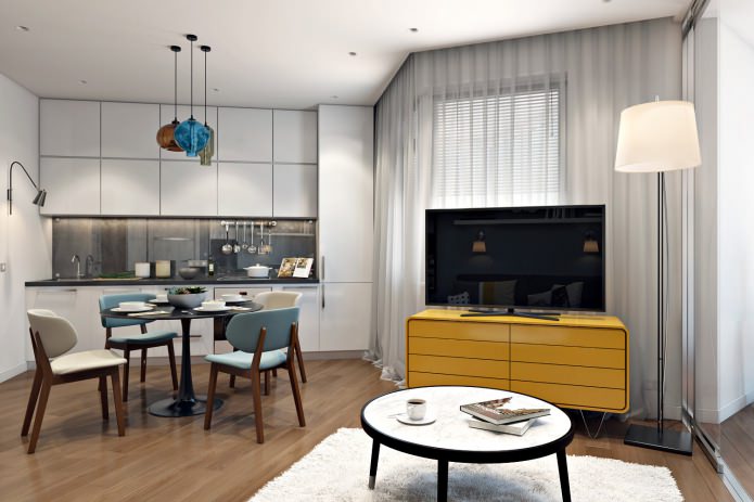 la cucina nel design dell'appartamento è di 41 metri quadrati. m.