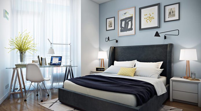 Dormitorio con un lugar de trabajo en el diseño del apartamento es de 41 metros cuadrados. m