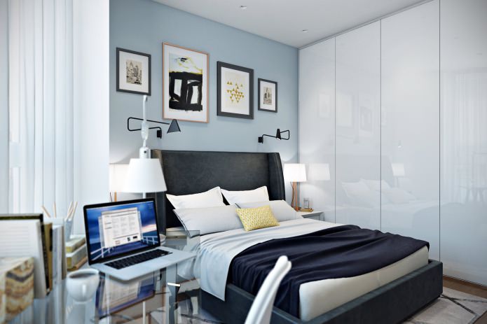 спалня с работно място в дизайна на апартамента е 41 квадратни метра. м.