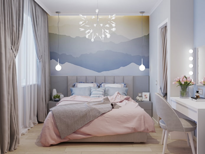 design della camera da letto in colori pastello