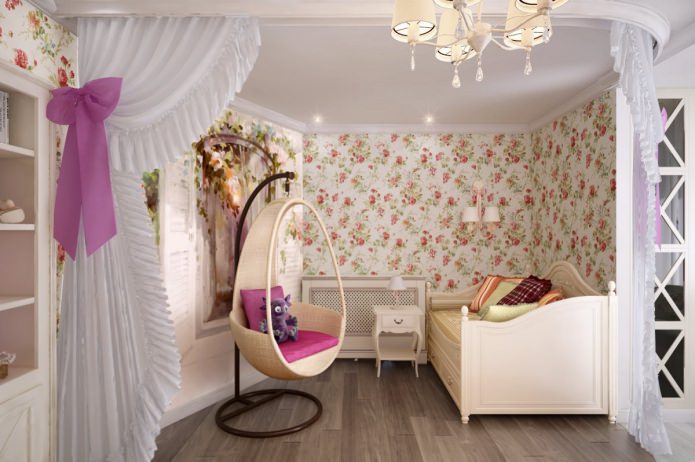lauku stila bērnu istaba rozā krāsā