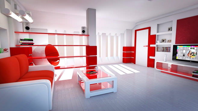 Foto de uma sala de estar vermelha