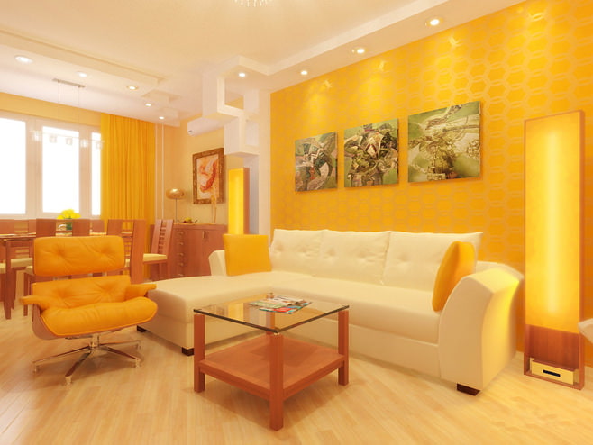 Foto obývacej izby v žltej farbe