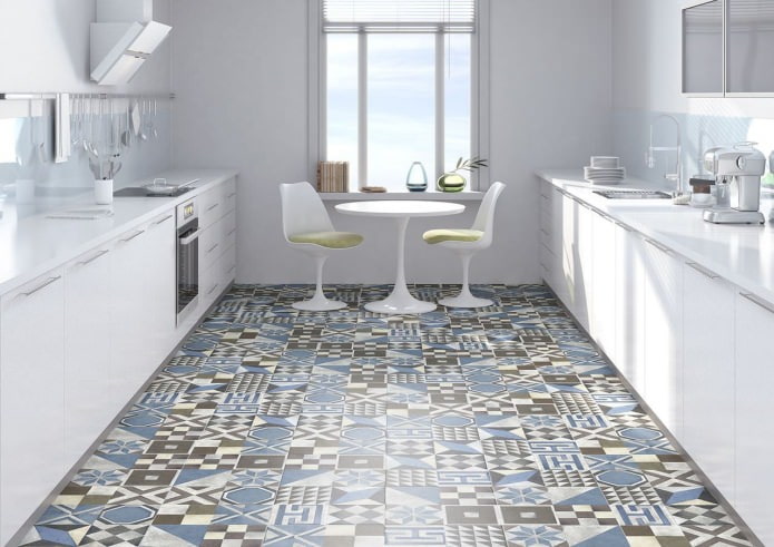 floor in the kitchen in the style of patchwork in the interior