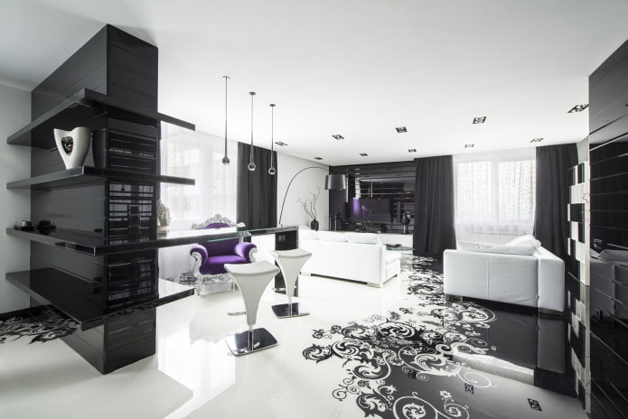 intérieur noir et blanc avec violet