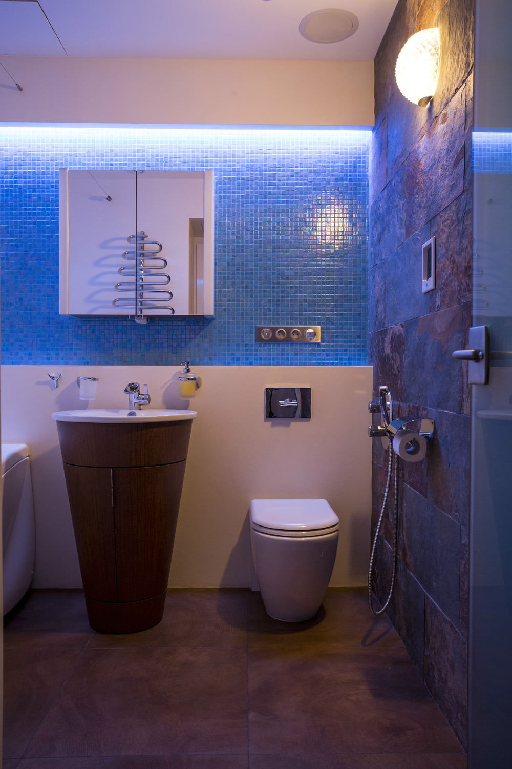 Bathroom in the design of a two-room apartment of 43 square meters. m