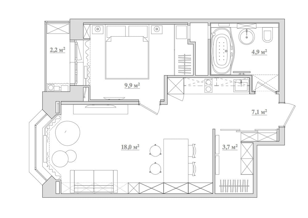 egy kétszobás, 43 négyzetméteres apartman elrendezése. m.