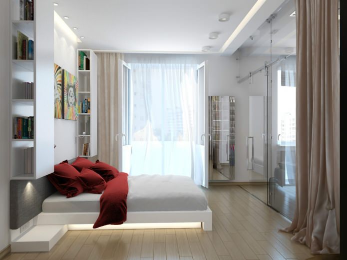 dormitori en el disseny d’interiors d’un apartament d’estudi de 47 metres quadrats. m