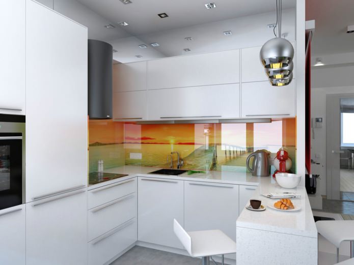 kuchyň s barem v designu bytu 47 m2. m
