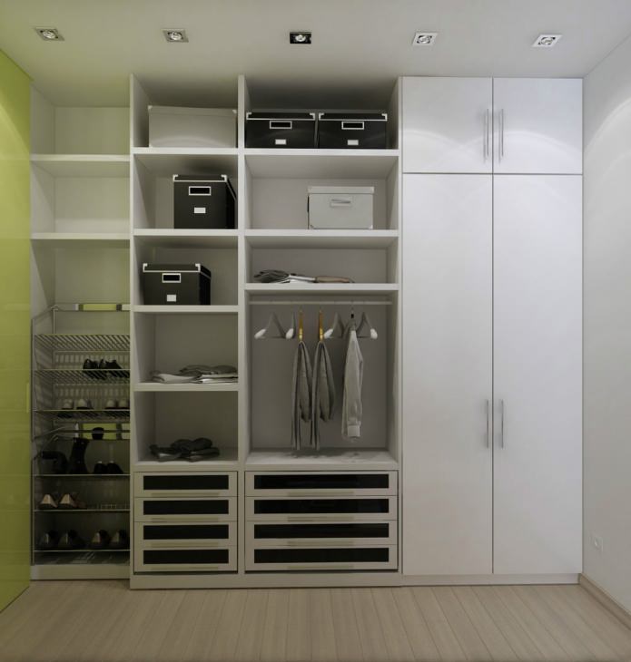 dressing room sa disenyo ng interior ng isang apartment sa studio na 47 square meters. m