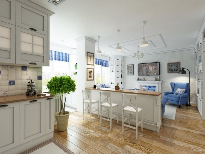 Interiøret i kjøkken-stuen i hvitt