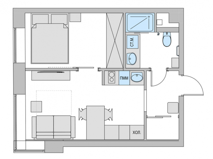 układ małego dwupokojowego mieszkania
