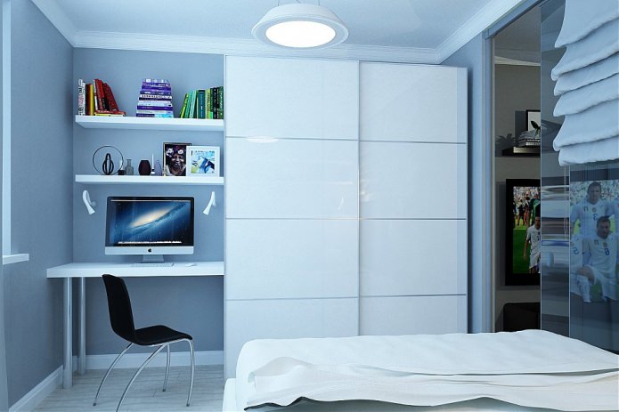 arbetsplats i sovrummet i en två-rums lägenhet på 46 kvadratmeter. m.