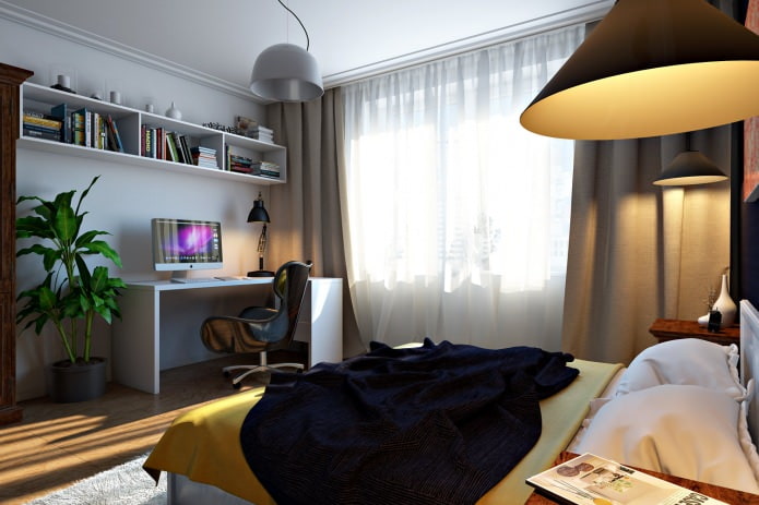 Dormitorio-estudio en un apartamento de cuatro habitaciones.