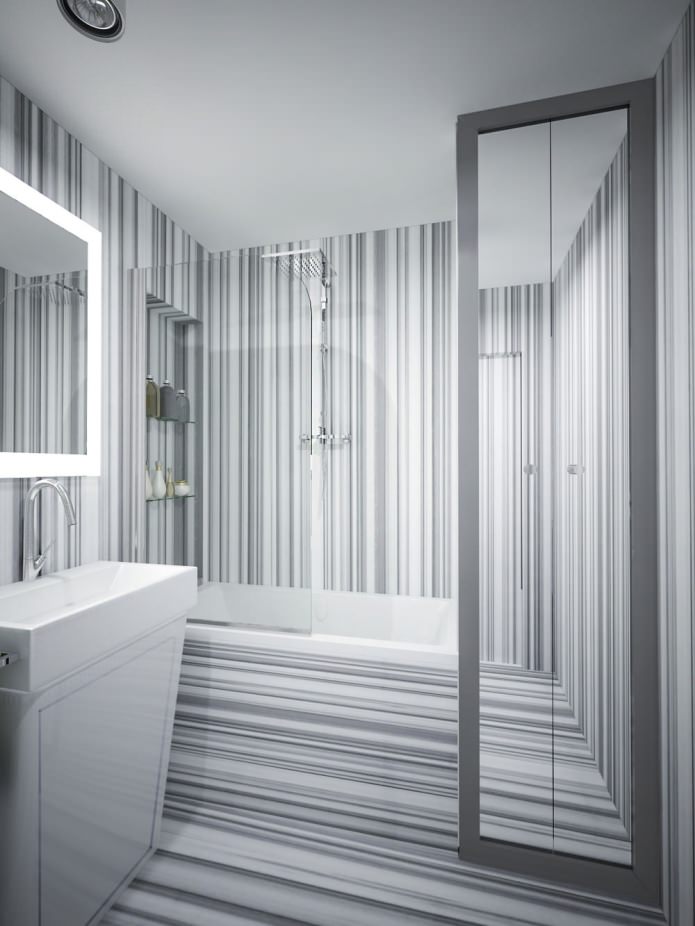 dryžuotas vonios kambarys buto interjere yra 34 kvadratiniai metrai. m