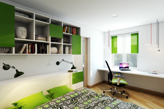 dormitorio en el diseño de un apartamento de dos habitaciones en una casa de paneles