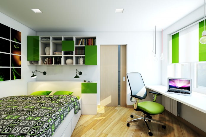 dormitorio en el diseño de un apartamento de dos habitaciones en una casa de paneles