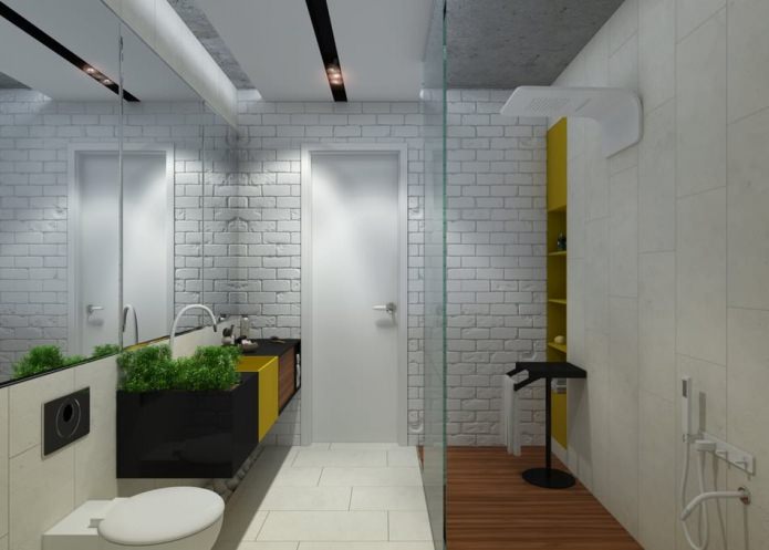 Badezimmer im Inneren einer 2-Zimmer-Wohnung von 65 Quadratmetern. m