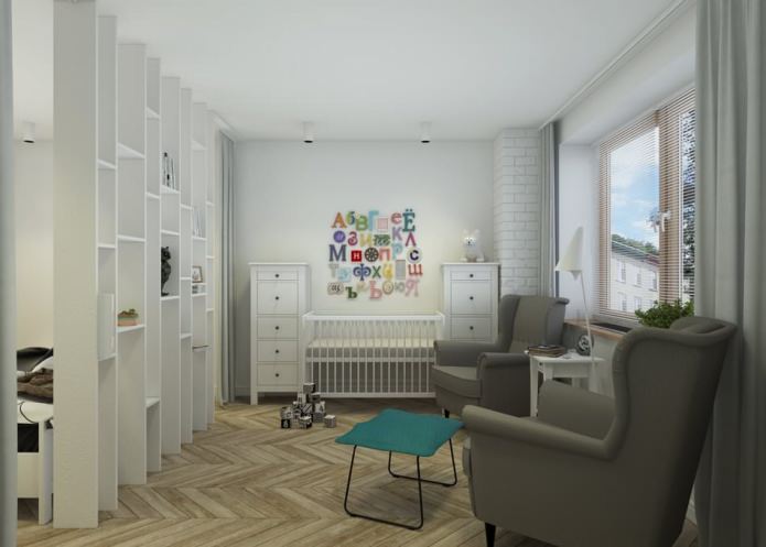 spavaća soba s djecom u dizajnu stana iznosi 65 četvornih metara. m.