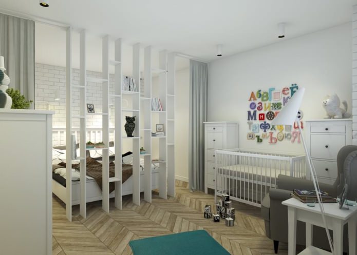 ห้องนอนพร้อมเด็ก ๆ ในการออกแบบของอพาร์ทเมนท์คือ 65 ตารางเมตร ม.
