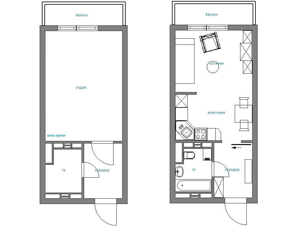 Disposición del diseño de un apartamento tipo estudio de 28 metros cuadrados. m