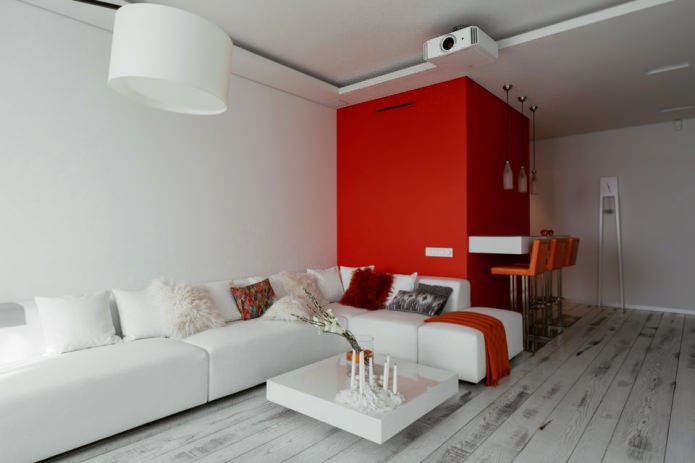 Barový pult v interiéru obývacího pokoje v bílé a červené barvě