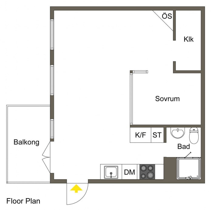 layout of a studio apartment 34 square meters. m