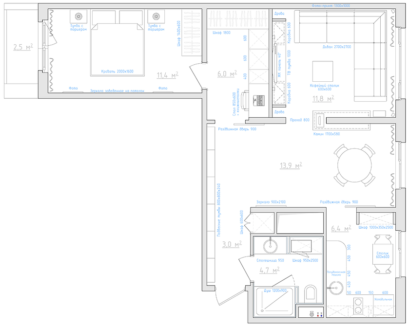 layout de um apartamento de 3 quartos de 57 sq. m