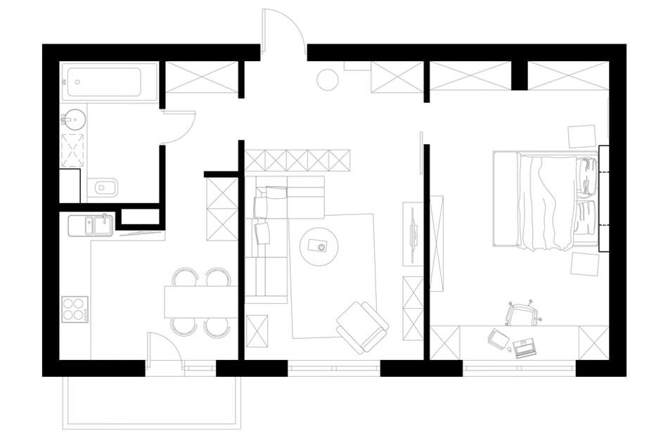layout de 57 metros quadrados. m