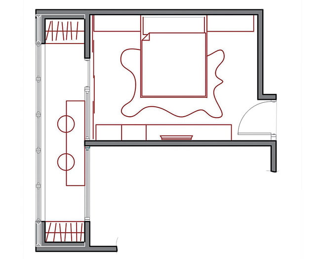 Layout av ett sovrum på 14 m2 med balkong