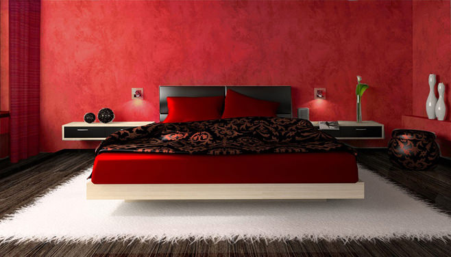 Kuva punaisesta makuuhuoneesta