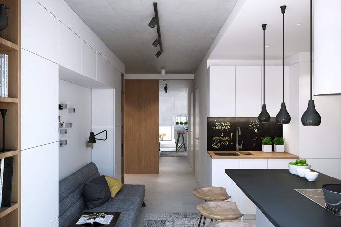 The modern design of a studio apartment of 43 square meters. m. from the studio Geometrium