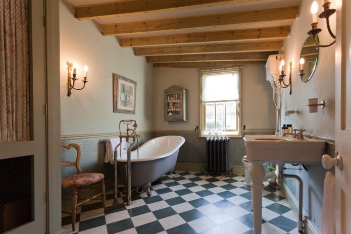 חדר אמבטיה בסגנון כפרי: תכונות, תמונות