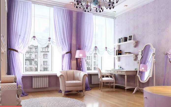Interior lavender: gabungan, pilihan gaya, hiasan, perabot, langsir dan aksesori