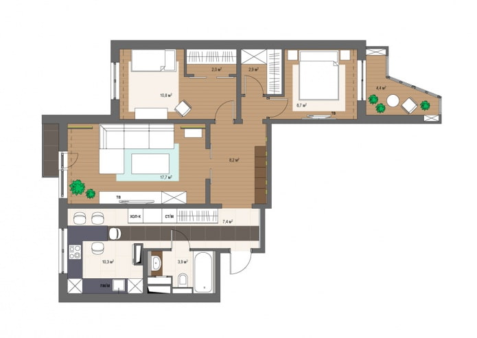 Modernus 3 kambarių buto P-3 serijos name dizainas