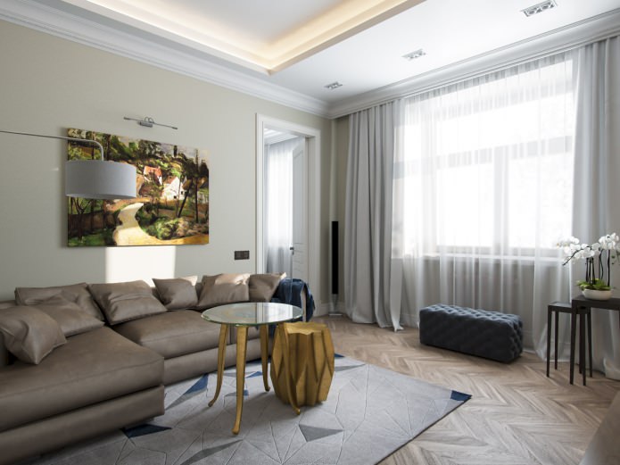 La conception de l'appartement est de 77 m². m. dans le style des classiques modernes