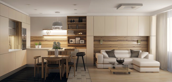 Reka bentuk dapur ruang tamu di apartmen: 7 projek moden
