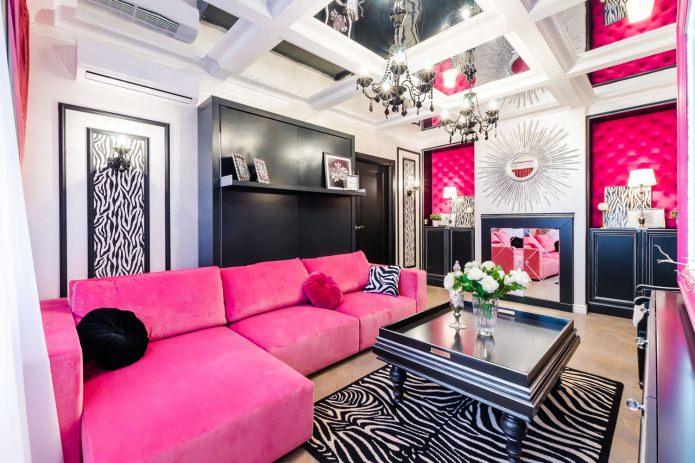 Rožinis gyvenamojo kambario dizainas: 50 nuotraukų pavyzdžių