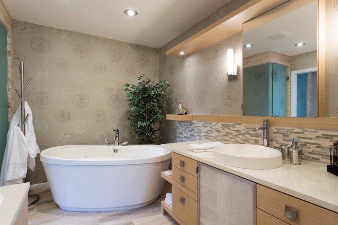 Papel tapiz para el baño: pros y contras, vistas, diseño, 70 fotos en el interior